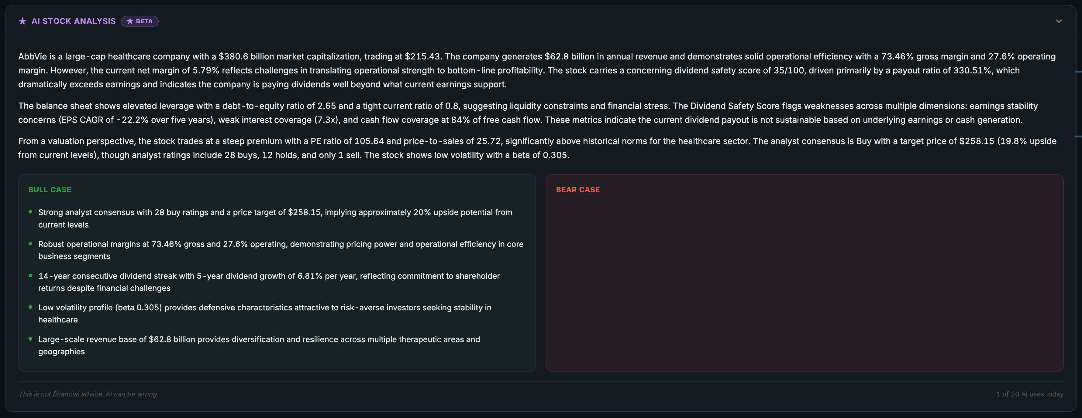 AI Stock Analysis writeup for ABBV showing bull case and bear case bullets synthesizing valuation, dividend safety, and growth metrics