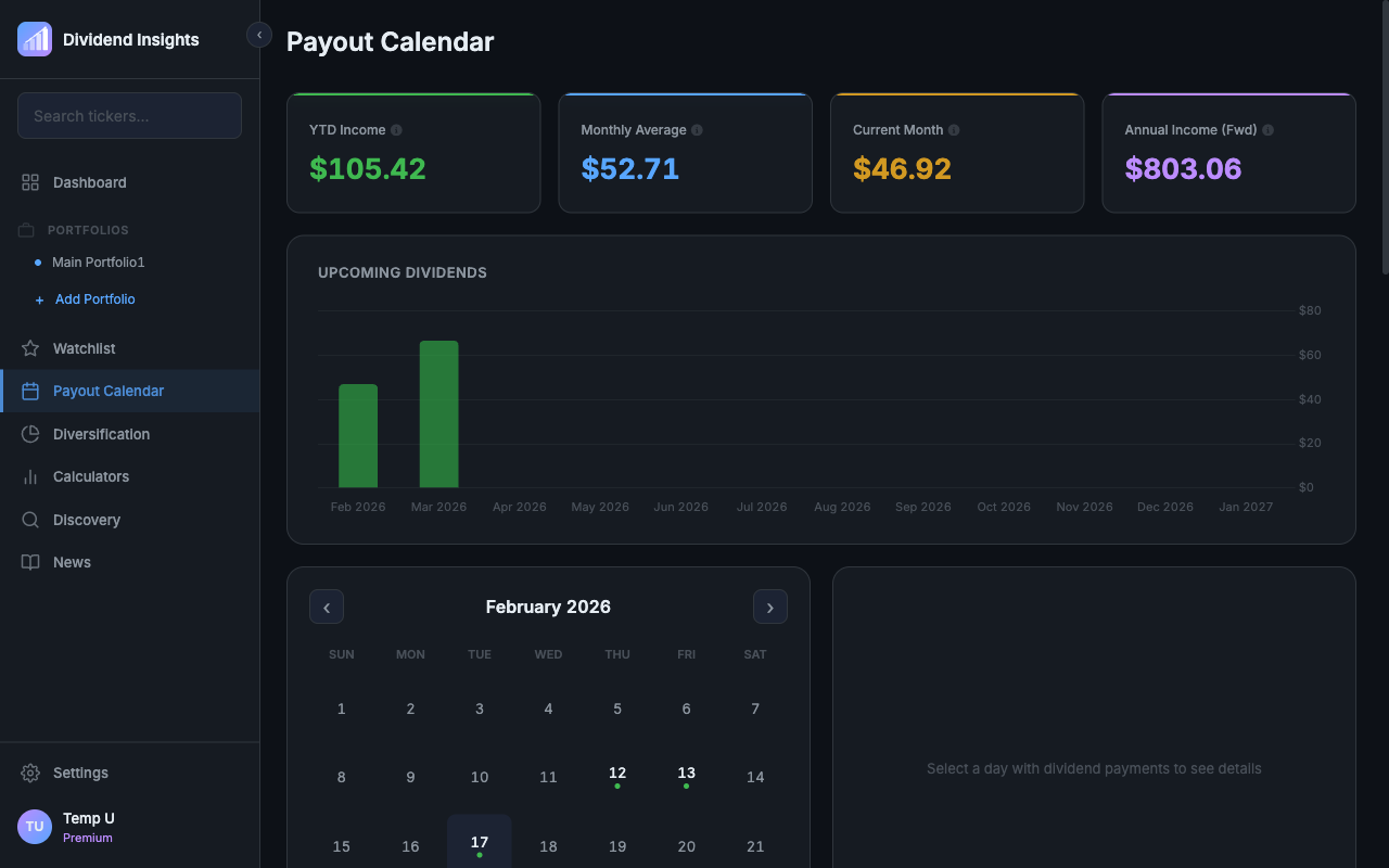 Monthly dividend calendar showing payment dates and amounts for portfolio holdings